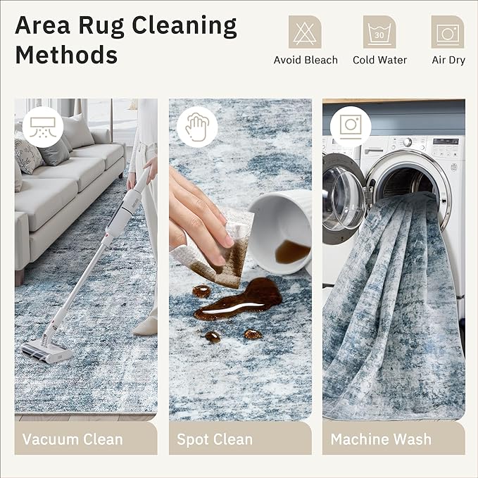Soalmost Area Rugs 4x6 for Living Room, Vintage Abstract Washable Rugs for Dining Room, Kitchen, Non-Slip Area Rug Blue