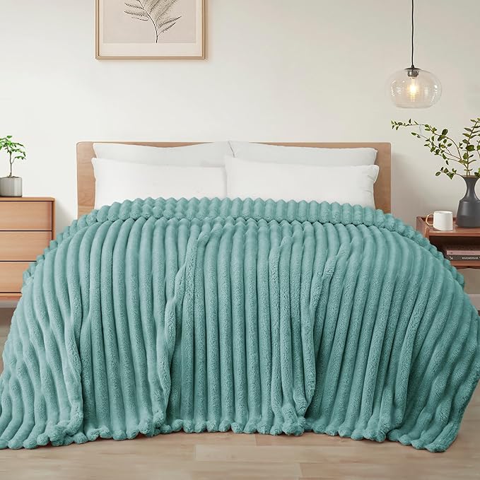 Exclusivo Mezcla Queen Size Flannel Fleece Blanket, Super Soft Striped Jacquard Bed Blanket, Lightweight Fuzzy Cozy for All Seasons, 90x90 Inches, Celadon