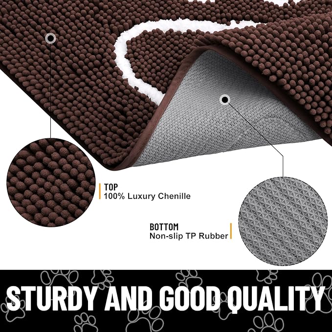 Smiry Dog Door Mat for Muddy Paws, Absorbent Dirt Trapper Non Slip Quick Dry Washable Chenille Mat for Mud Dogs, Entry Rug for Indoor and Outdoor (54x32 Inches, Brown and White)