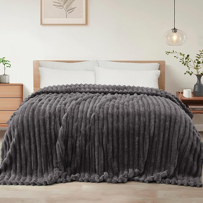 Exclusivo Mezcla Twin Size Flannel Fleece Blanket, Super Soft Striped Jacquard Bed Blanket, Lightweight Fuzzy Cozy for All Seasons, 60x80 Inches, Dark Grey