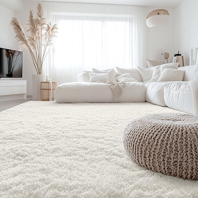 OLANLY 7x7 Machine Washable Large Area Rugs for Living Room, Bedroom, Soft Fluffy Shaggy Bedside Rug, Indoor Floor Carpet for Kids Girls and Boys, Dorms, Nursery, Home Decor Aesthetic, Ivory