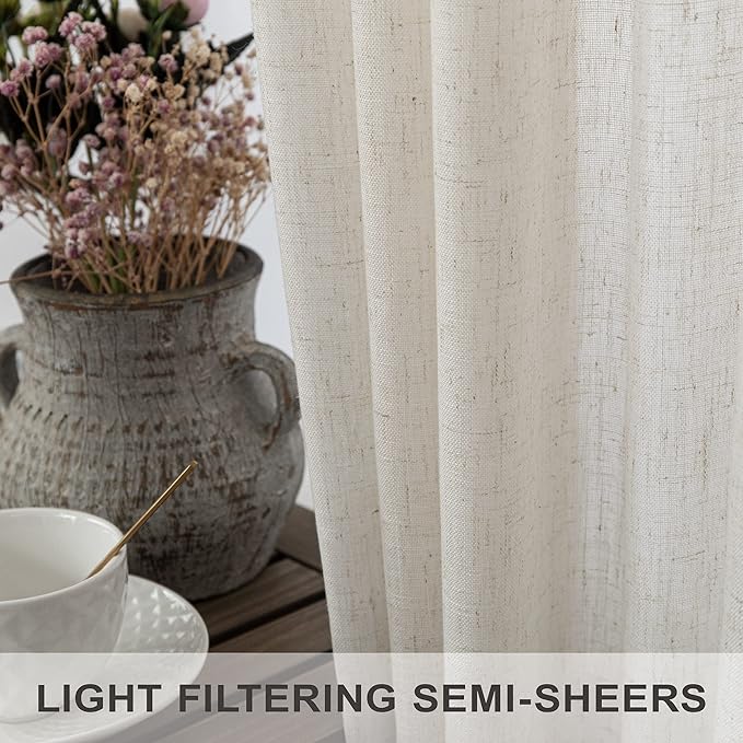 Pitalk Cream Linen Curtains for Bedroom 98 Inch Length 2 Panels Back Tab Pocket Pleated Neutral Farmhouse Modern Living Room Curtains and Drapes Semi Sheer Lightweight Window Treatments 52x98 in Long