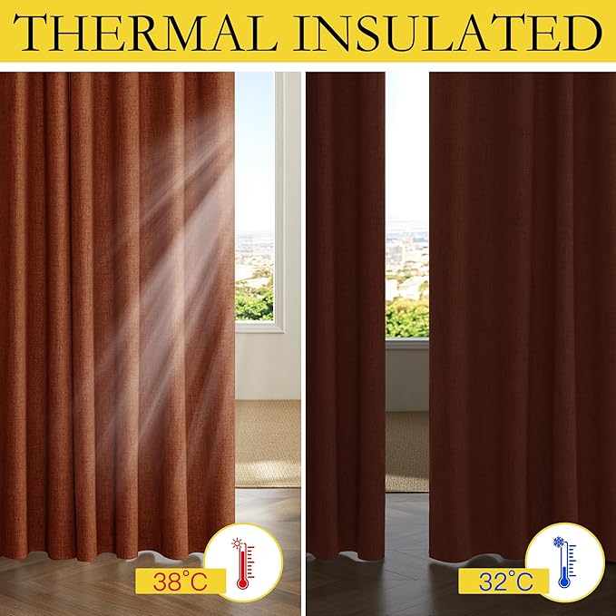 NICETOWN 100% Absolutely Blackout Linen Curtains with Thermal Insulated Liner, 42" Wide, 2 Panels, 54" Long Drapes, Grommet Retro Burnt Orange Linen Curtains Vertical Drapes Privacy for Kitchen