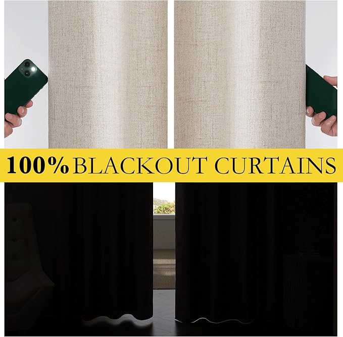 NICETOWN Oatmeal Vintage Open Linen Weave Flax Thermal Curtains, 100% Blackout Curtains 84" Long for Dining Room, Soundproof Window Treatment Drapes for Dining Room, 62" Wide Per Panel, Set of 2