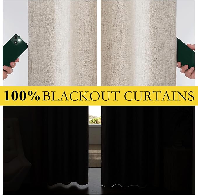 NICETOWN Oatmeal Full Blackout Boho-Chic Linen Curtains 84 inch Long 2 Panels Set for Cafe Window, 42 inch Wide, Thick Linen Blend Drapes, Insulated Window Covers Draperies with White Backing