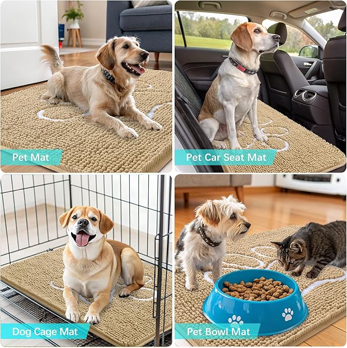 OLANLY Dog Door Mat for Muddy Paws 44x32, Paw Print Design, Absorbs Moisture and Dirt, Absorbent Non-Slip Washable Doormat, Quick Dry Chenille Mud Mat for Dogs, Entry Indoor Entryway Carpet, Beige