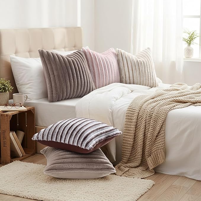 decorUhome Cozy Faux Fur Throw Pillow Covers 16x16 Set of 2 Decorative Soft Plush Striped Modern Farmhouse Boho Couch Pillow Cases with Velvet Back for Sofa Bed Living Room, Light Coffee