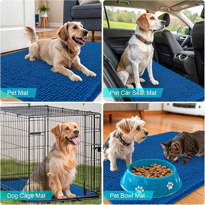 OLANLY Dog Door Mat for Muddy Paws 44x32, Absorbs Moisture and Dirt, Absorbent Non-Slip Washable Doormat, Quick Dry Chenille Mud Mat, Entry Indoor Entryway Carpet for Inside Floor, Deep Navy Blue