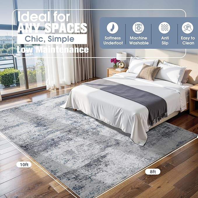 8x10 Area Rugs for Living Room Rug Washable: Abstract Large Rug for Dining Room Bedroom Carpet Non Slip 8 by 10 Indoor Modern Nursery Home Office Blue Grey