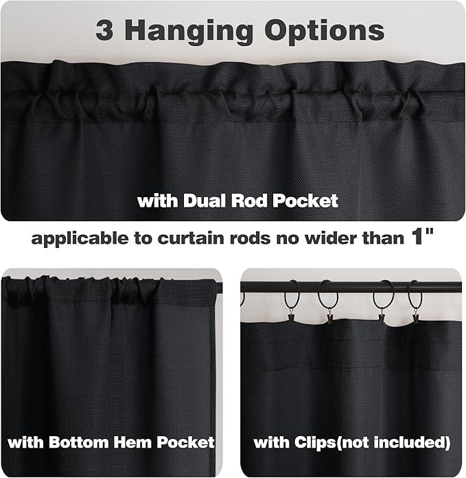 Chyhomenyc Black Short Curtain Valance for Windows, Faux Linen Textured Half Window Curtains, Burlap Solid Topper Small Curtain for Bathroom Laundry Basement Valance, 60Wx16L Inch, 1 Piece