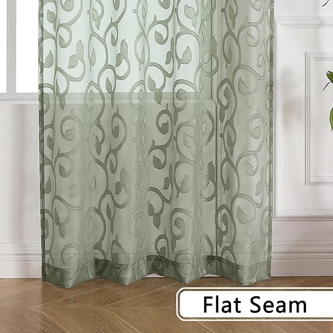 OWENIE Furman Sage Green Semi Sheer Curtains 72 inches Long for Bedroom Living Room 2 Panels Set, Light Filtering Door Curtains Elegant Clip Jacquard, Rod Pocket Window Treatments, 2 Pcs = 84" Width