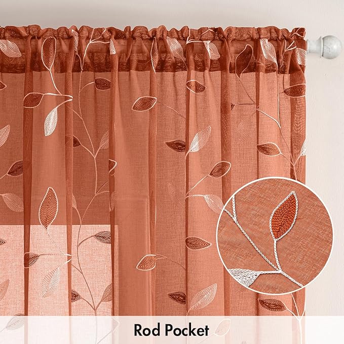 MIULEE Burnt Orange Sheer Curtains 2 Panels Embroidered Leaf Patterned Rod Pocket Floral Semi Faux Linen Short Fall Window Curtains Drapes Set for Kitchen Bathroom Cafe, 30x30 Inches Length