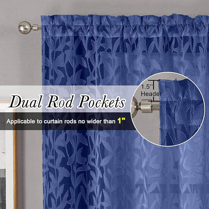 Lecloud Leia Dusty Blue Sheer Curtains 63 Inch Length 2 Panels, Light Filtering Jacquard Textured Leaf Voile Curtains with Dual Rod Pockets, Bedroom Living Room Window Drapes, 40 W x 63 L
