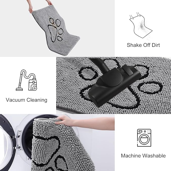 Smiry Dog Door Mat for Muddy Paws, Absorbent Dirt Trapper Non Slip Quick Dry Washable Chenille Mat for Mud Dogs, Entry Rug for Indoor and Outdoor (36x24 Inches, Grey and Black)