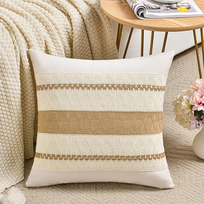 Fancy Homi Set of 1 Tan Neutral Decorative Throw Pillow Cover 16x16 Inch for Couch Bed Sofa, Aesthetic Modern Organic Farmhouse Boho Home Decor, Soft Cotton Cute Accent Macrame Woven Cushion Case