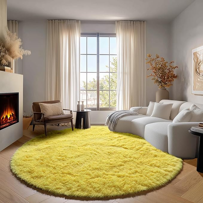 ONASAR Yellow Round Rugs 5ft for Bedroom Living Room, Fluffy Circle Area Rug for Kids Girls Boys Teen, Soft Plush Shaggy Carpet for Nursery Dorm Classroom Playroom Home Decor Aesthetic
