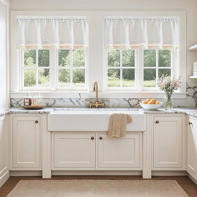 jinchan Linen Farmhouse Valances for Living Room Windows 16 Inch Slubbed Crossed Double Layer Window Valances Light Filtering Rustic Country Overlay Rod Pocket 2 Panels White