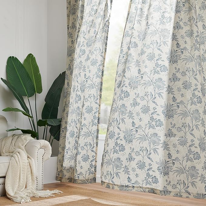 jinchan Linen Floral Curtains for Living Room with Printed Flower 63 Inches Long Light Filtering French Country Back Tab Rod Pocket Blue Window Curtain Set Farmhouse Drapes 2 Panels Blue