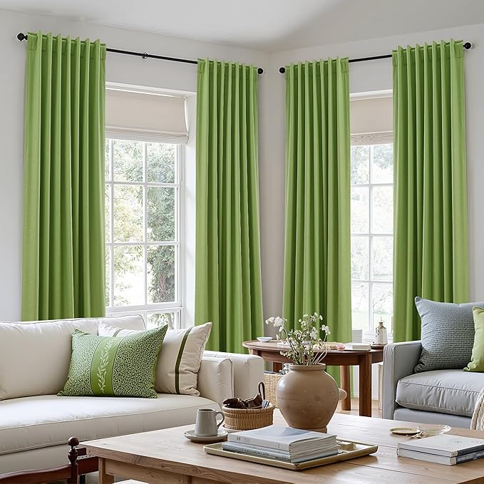 Guken 100% Blackout Curtains 102 Inch Length 2 Panels Set for Living Room Bedroom Back Tab Thermal Insulated Black Out Linen Drapes Room Darkening Lime Green,52x102