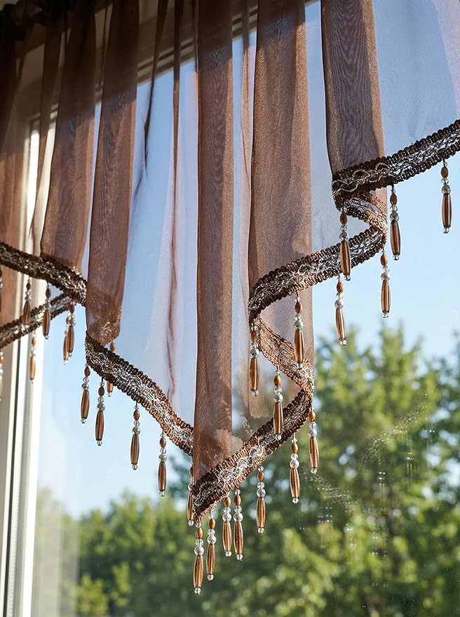 Molaxhome Swag Curtain 51 inch Length Rod Pocket Scalloped Curtain Valance Sheer Lace Panels with Hanging Crystal Beads for Kitchen Bedroom Window Treatments Drape Decor 1pc (Coffee, 51Wx23L)