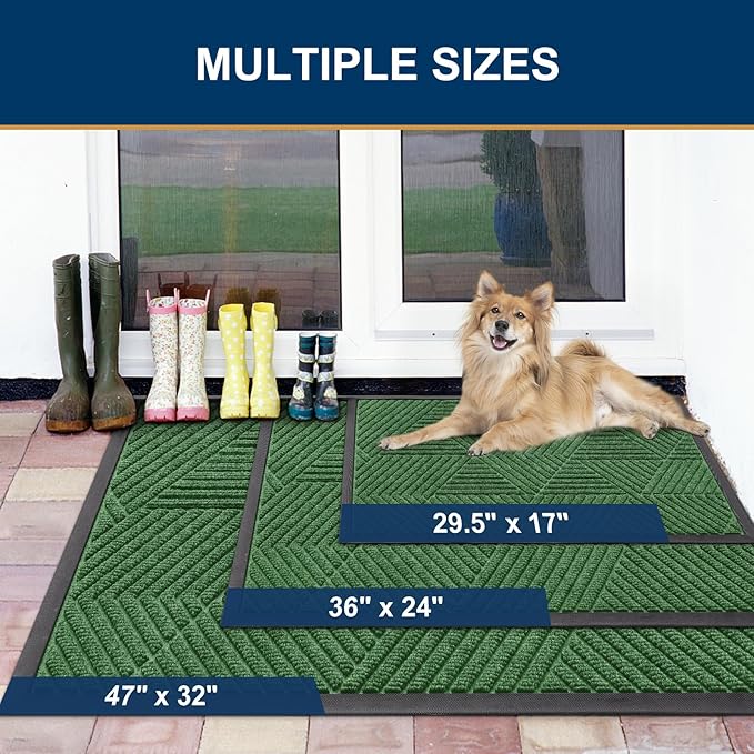 Smiry Front Door Mat Outside Entrance, Heavy Duty Sturdy Natural Rubber Doormat, Trap Dirt and Moisture, Easy Clean Low Profile Mats for Indoor Outdoor Entry, Irregular Triangle (29.5x17, Green)