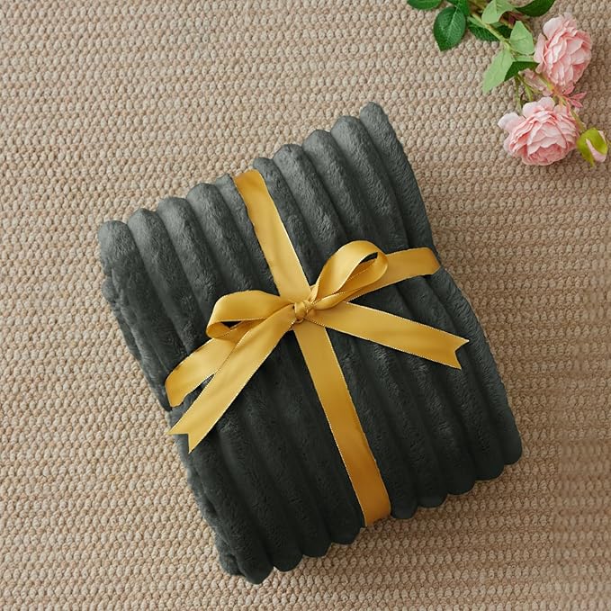 BEDELITE Twin Blanket for Couch & Bed, 300GSM Soft & Warm Fleece Blanket, Decorative and Giftable Striped Charcoal Grey Blankets for Women, Men, 60"x80"