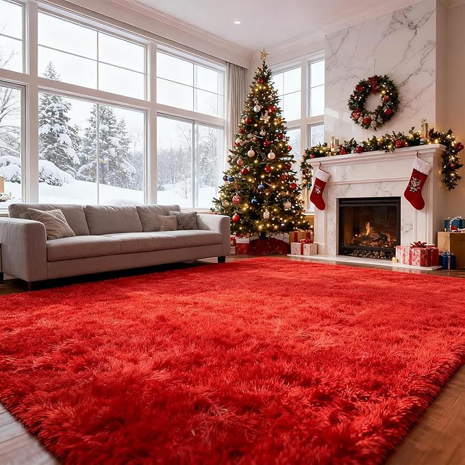 Red Shag Area Rugs for Bedroom Living Room,Ultra Soft Fluffy Christmas Area Rugs 8x10 for Dorm,Indoor Carpet Nursery Rugs for Kids Girls Room Home Decor (Red, 8x10 Feet)