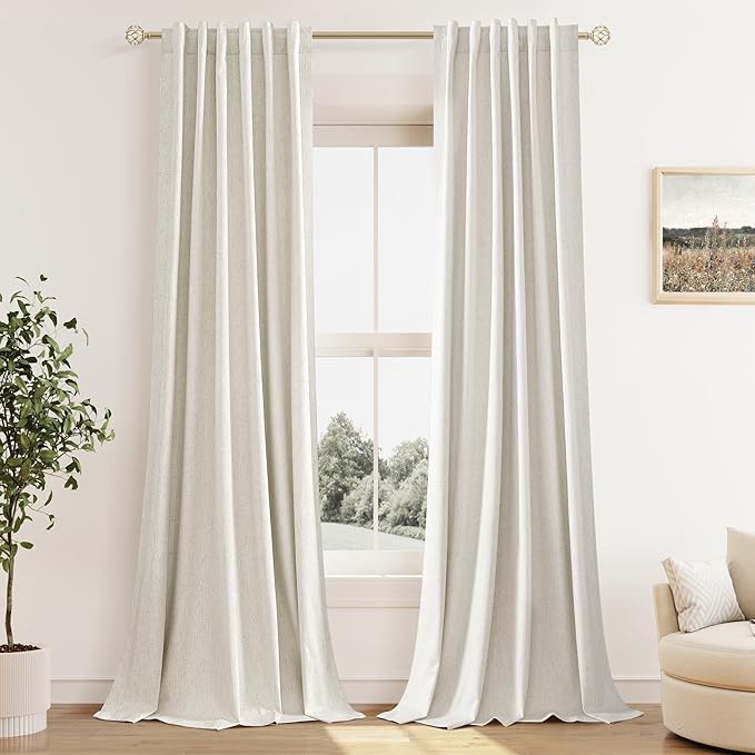 Guken Cream 100% Blackout Cream Linen Curtains 52 Inch Wide by 106 Inch 2 Panels Set for Living Room Bedroom Back Tab Thermal Insulated Black Out Drapes Room Darkening Window Curtains