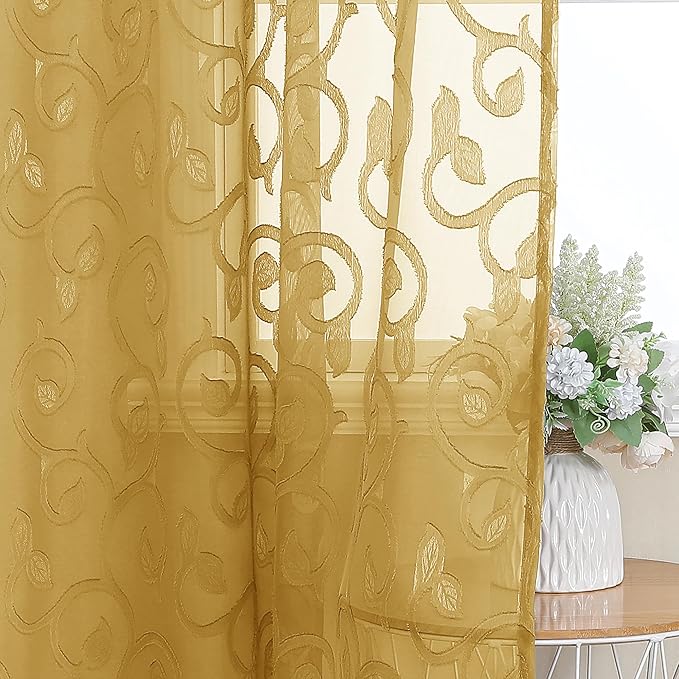 OWENIE Furman Gold Sheer Curtains 45 Inch Length 2 Panels Set for Living Room Bedroom Bathroom Window, Airy Jacquard Clip Short Curtains for Small Window, 40Wx45L inch