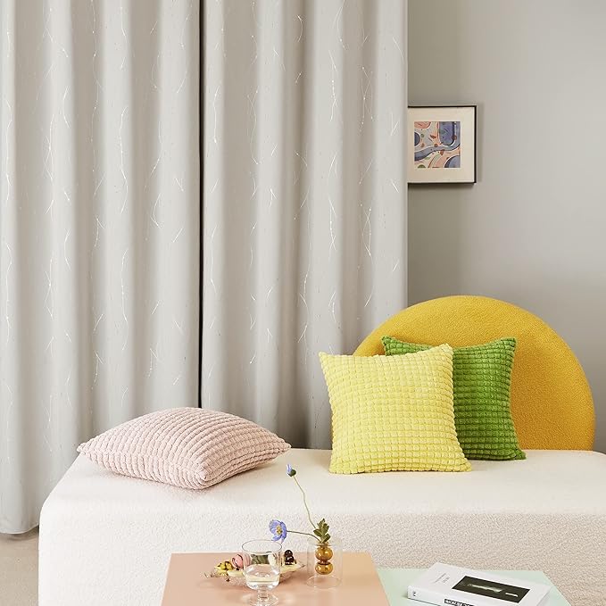 Deconovo Room Darkening Curtains Beige, Short Kitchen Curtain, Thermal Insulated Noise Reducing Drapes, Silver Wave Dots Print, 42 x 45 Inch Long, Machine Washable Window Panels for Bedroom, Set of 2