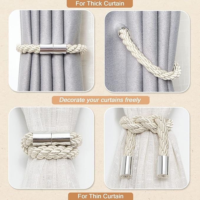 NICEEC 6 Pack Strong Magnetic Curtain Tiebacks Modern Simple Style Drape Tie Backs Convenient Decorative Weave Rope Curtain Holdbacks for Thin or Thick Home & Office Window Draperies (Beige)
