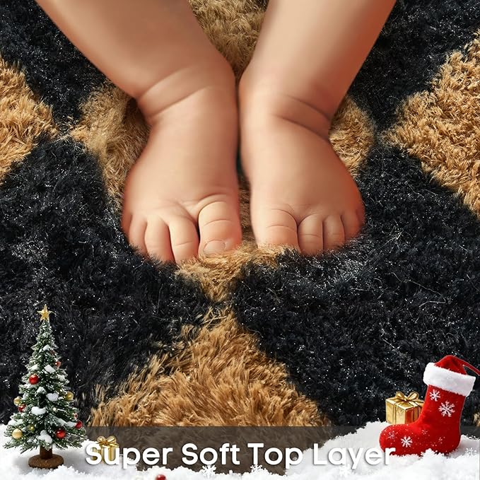 Ophanie Checkered Black & Beige Rhombus Rugs for Living Room Bedroom, Fluffy Soft Fuzzy Area Rugs, Plush Shaggy Bedside Floor 8x10 Furry Carpet for Kids Baby Teen Dorm Nursery Home Decor Aesthetic