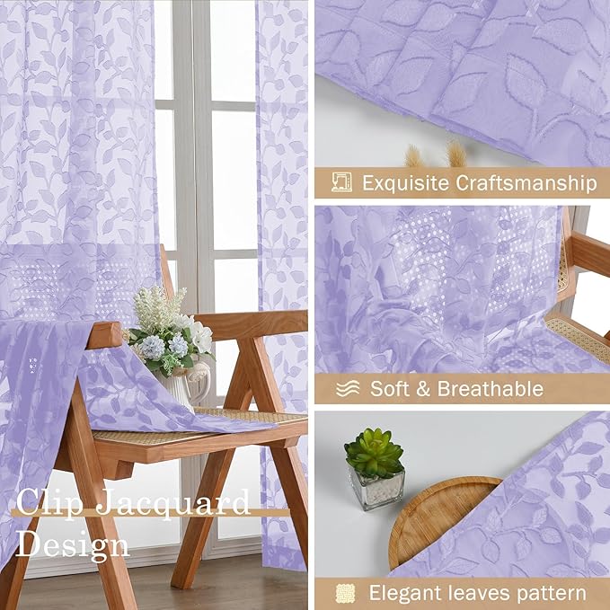 Chyhomenyc Light Purple Sheer Curtains 54 Inch Length for Living Room 2 Panels Set, Light Filtering Tufted Textured Soft Airy Rod Pocket Leaf Window Treatment Drapes for Bedroom, 42" Wx54 L, 2PCS