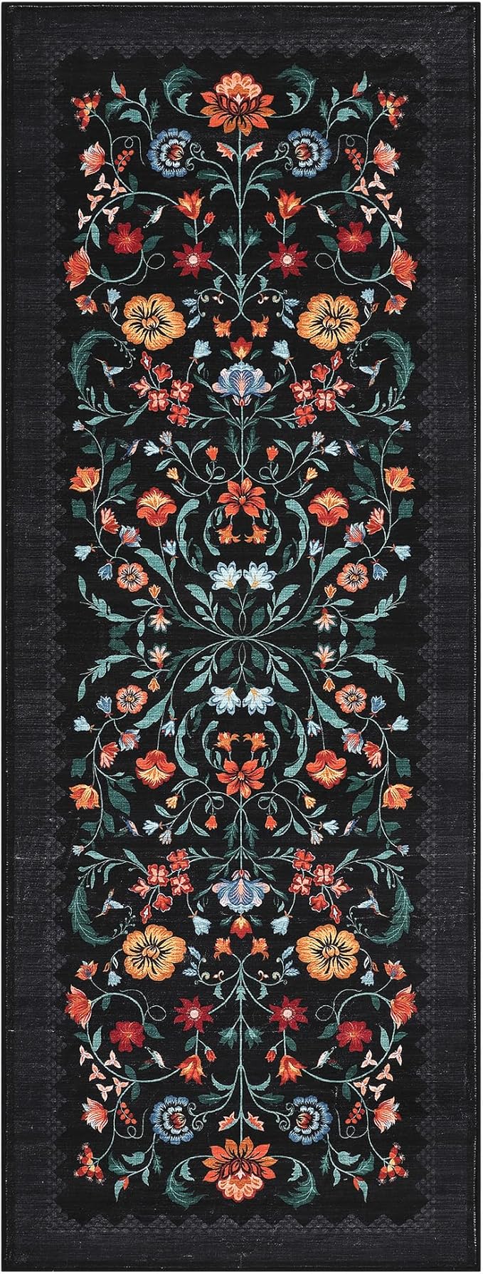 GarveeHome Floral Rug 2x6 Runners for Hallways, Boho Kitchen Runner Rugs Non Slip Bath Runners, Vintage Washable Runner Rug for Bedroom, Soft Long Rugs for Entryway Bathroom Laundry Dorm, Black