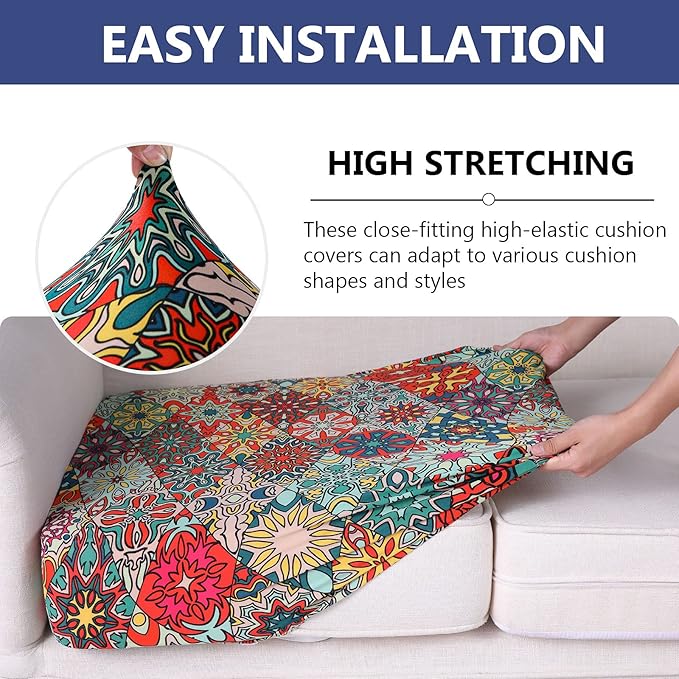 hyha Printed Couch Cushion Covers, Floral Sofa Covers Washable for 3 Cushion Couch, Stretch Pattern Outdoor Cushion Covers for Patio Furniture with Elastic Bottom(Large, Diamond Mandala)
