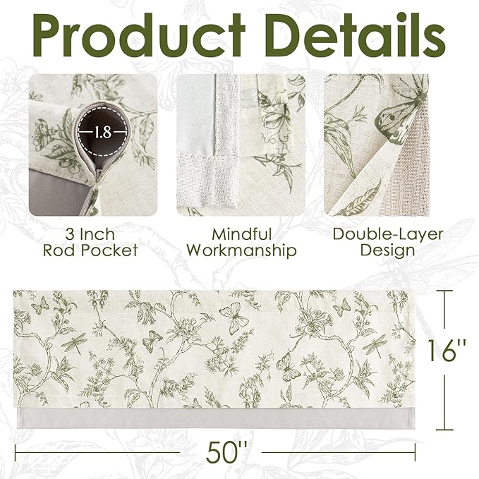 jinchan Floral Curtain Valance for Windows 16 Inch Linen Valance for Kitchen Living Room Rustic Cottage Farmhouse Flower Butterfly Curtain Rod Pocket 1 Panel Double Layer Blackout Green on Beige