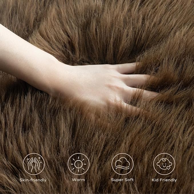 Ashler Faux Fur Rug - Fluffy Shaggy 2 x 3 Feet Rectangle Sheepskin Fur, Dark Coffee Fuzzy Machine Washable Shag, Nursery Decor Throw for Bedroom, Living Room