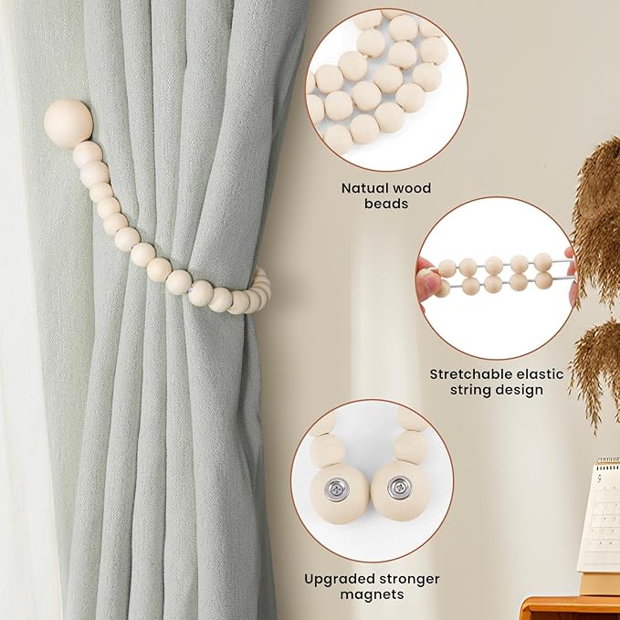 KLOGTSIND Magnetic Curtain Tiebacks, Curtain Tie Backs for Curtains 6 Pack, Wood Bead Curtain Tiebacks, Curtain Holders for Boho Bedroom Decor, Baby Nursery Decor, Farmhouse Decor