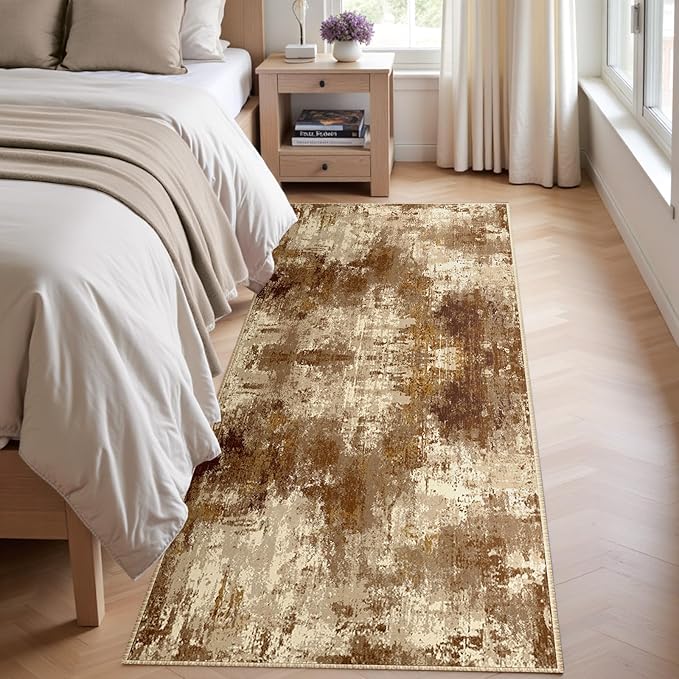 Washable Area Rugs 2'x8' Non-Slip Modern Abstract Soft for Living Room Entryway Bedroom Nursery, Print Pattern, Brown Tan Beige Coffee