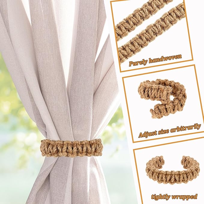 Ptwola 2 Pack Braided Curtain Tiebacks Boho Elegant Rustic Curtain Holdbacks Tie Backs Holders Set Simple Light Weight Drapes Decorative Accessories Handmade for Home Office Bedroom Window (2, Linen)