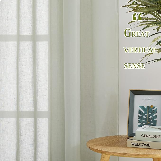 NICETOWN Linen Sheer Curtains for Living Room, Grommet Semi Sheer Privacy Vertical Window Draperies Privacy with Light Penetration for Hall/Villa, Sage Green, 52W by 96L, Set of 2