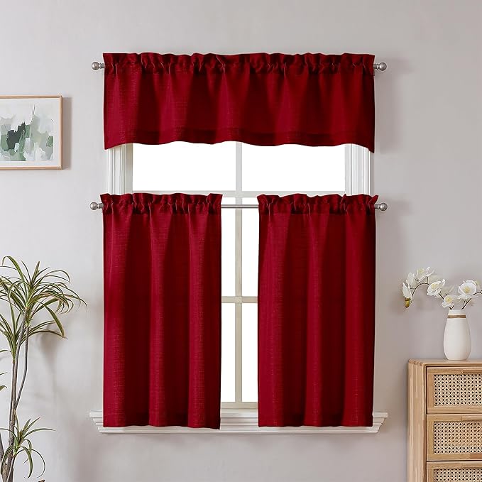 Chyhomenyc Red Valance for Windows, Light Filtering Faux Linen Textured Small Short Valance for Kitchen Bathroom Laundry Basement, Solid Rod Pocket Top Window Curtain, 60Wx14L inch, 1 Piece