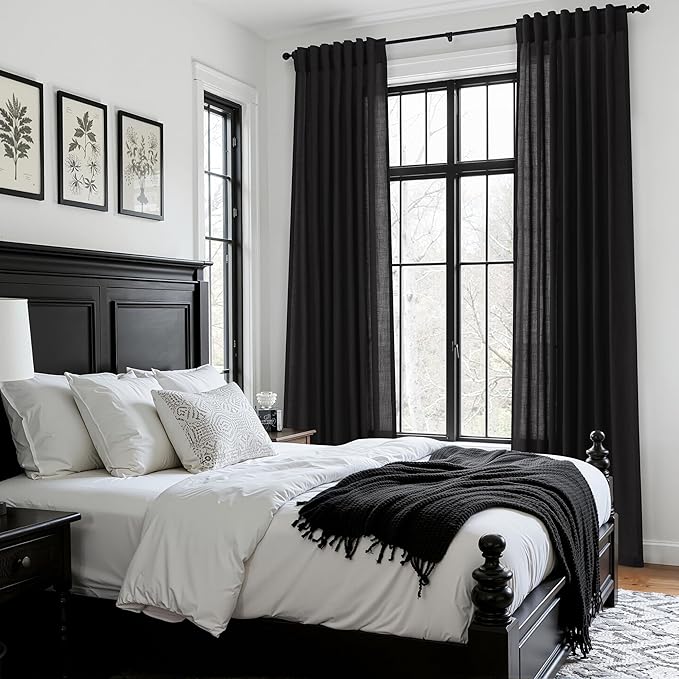 Vintage Black Linen Curtains for Living Room 72 Inches Long Light Filtering Semi Sheer Curtain Back Tab and Rod Pocket Privacy Luxury Gothic Vintage Decor Drapes for Bedroom Office 52x72, 2 Panels