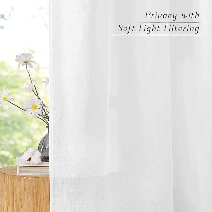 NICETOWN Linen Flax Semi Sheer Curtains 92" Length, Grommet Window Treatments Privacy Added with Light Penetration Vertical Drapes for Loft/Home Office, White, W55 x L92, 2 Panels