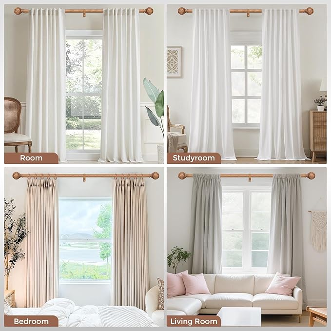 Wood Curtain Rods for Windows 48 to 84 Inch, Boho Vintage Decorative 1 Inch Wooden Curtain Rod, Adjustable Heavy Duty Rustic Farmhouse Drapery Pole with Netted Imitation Wood Grain Finials