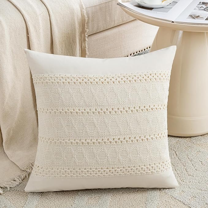 Fancy Homi Set of 1 Boho Cream Decorative Throw Pillow Cover 16x16 Inch for Couch Bed Sofa, Aesthetic Modern Organic Farmhouse Home Decor, Soft Cotton Cute Accent Macrame Woven Cushion Case