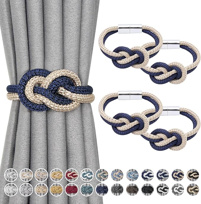 NICEEC 4 Pack Mini Magnetic Curtain Tiebacks Nordic Simple Style Drape Tie Backs Elegant Hand Weave Rope Knot Decorative Curtain Holdbacks for Home & Office Thin Window Drapery (Dark Blue & Beige)