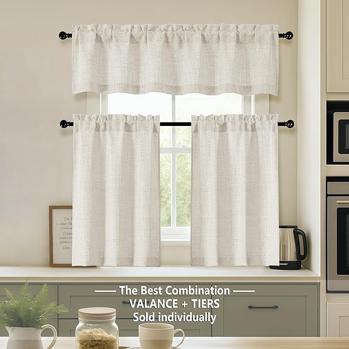 OVZME Natural Valance for Windows, Light Filtering Faux Linen Textured Small Kitchen Valances for Windows, Dual Rod Pocket Farmhouse Short Curtain for Bathroom Basement, 60Wx24L inch, 1 Piece