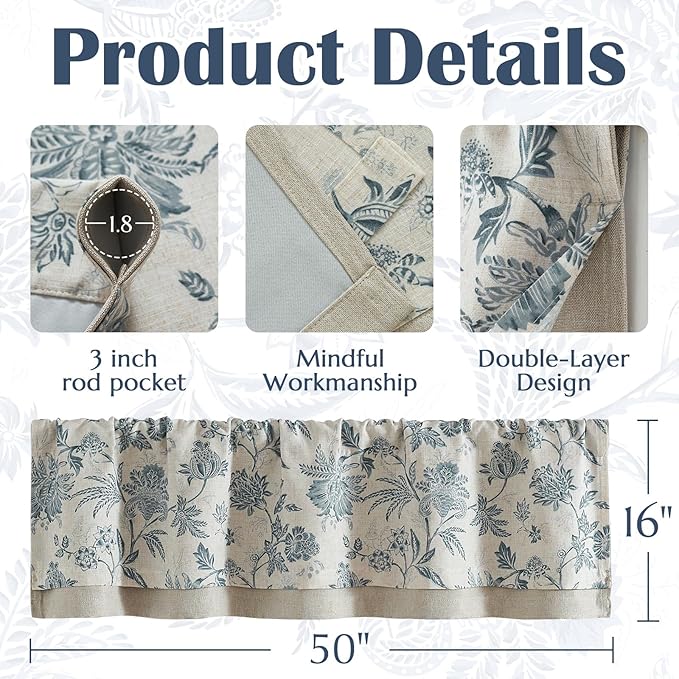 jinchan Floral Valance Curtain Linen Kitchen Valance for Windows 16 Inch Farmhouse Light Filtering Floral Short Window Treatment for Living Room 1 Panel Rod Pocket Double Layer Blue on Beige