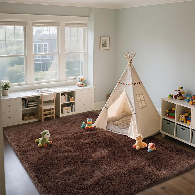 Shag Area Rugs for Bedroom Living Room,8X10 Ultra Soft Fluffy Area Rugs for Dorm, Indoor Carpet Nursery Rugs for Kids Girls Room Home Decor,Brown